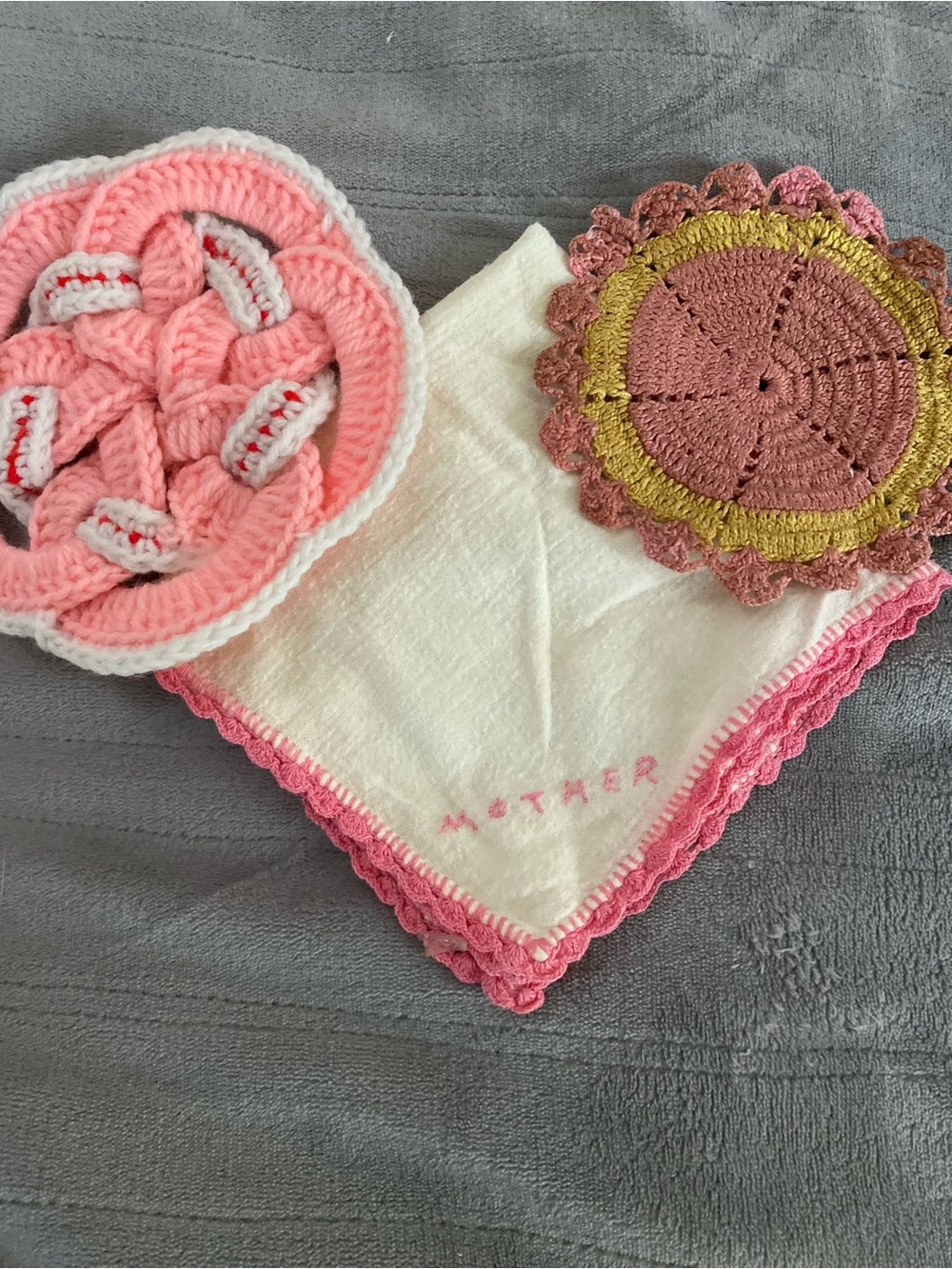 Handmade Pink Crochet doilies. - Pink Trimmed Muslin hankie